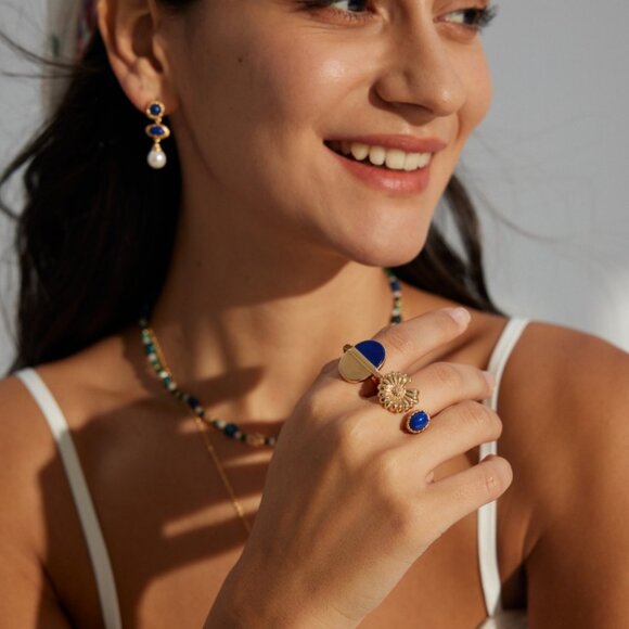 🌼 Artisan Original Daisy & Lapis Lazuli Bypass Ring | S925 Gold Adjustable - Picture 9 of 9